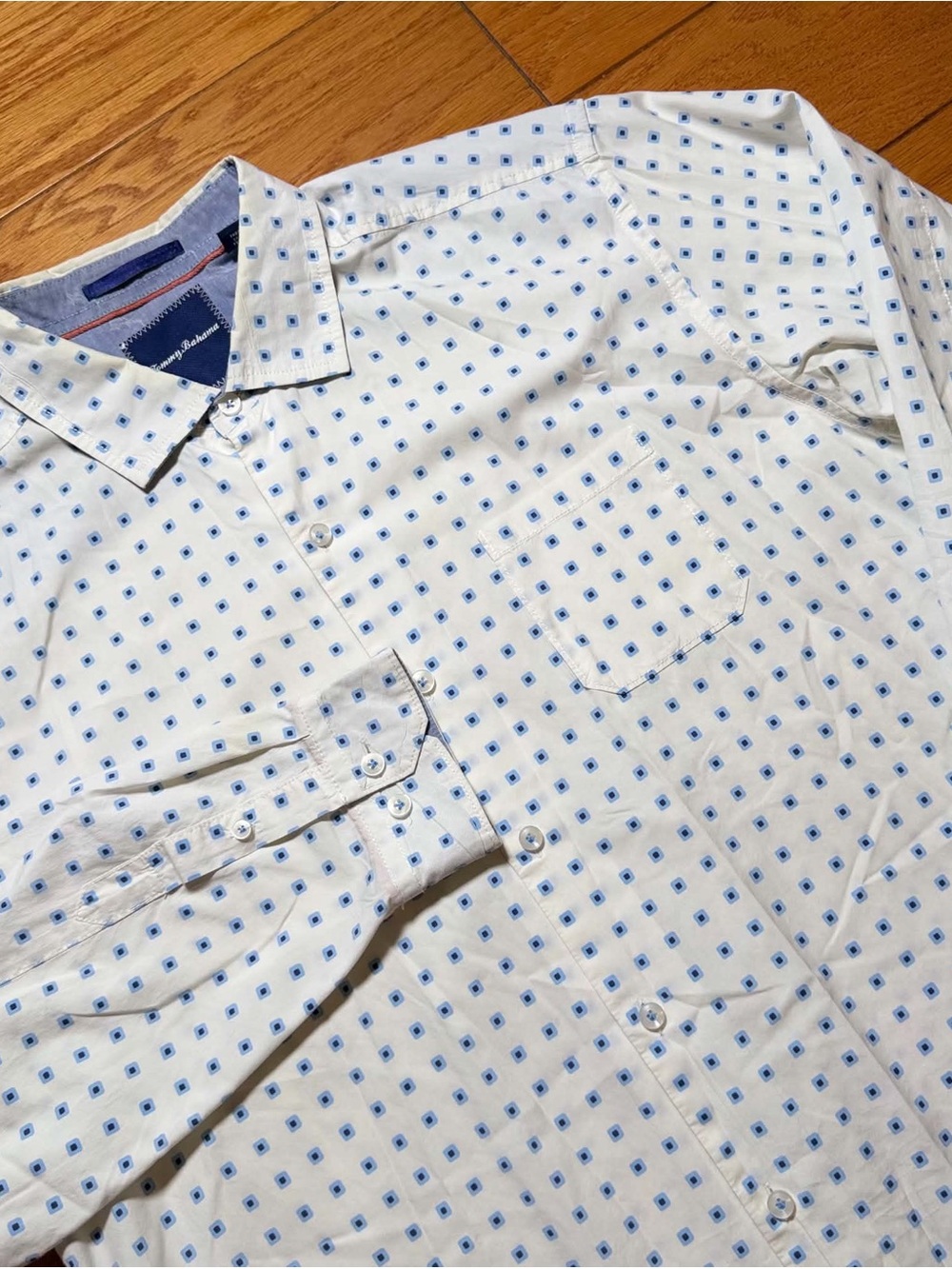 Tommy Bahama White Button-Down Shirt with Blue Micro Squares